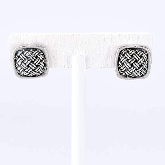 Vintage Sterling Silver 925 1.5cm Textured Basketweave Clip-On Earrings - Picture 2 of 8